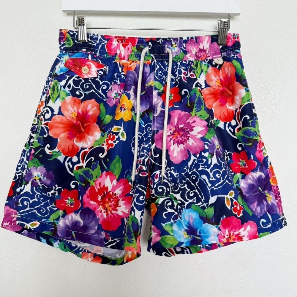 Polo Ralph Lauren Navy Tropical Floral Swim Trunks Drawstring Shorts M